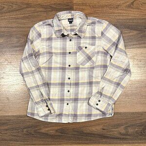 Patagonia Fjord Flannel Shirt Women Size 6 Purple Gray Plaid Long Sleeve